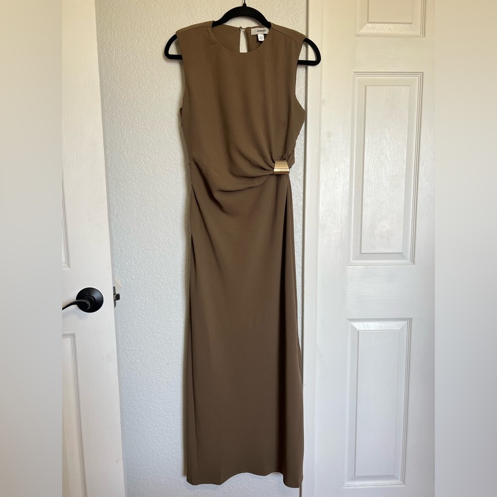 Jason Wu Sleeveless Midi Dress Green Taupe Draped Gold Hardware